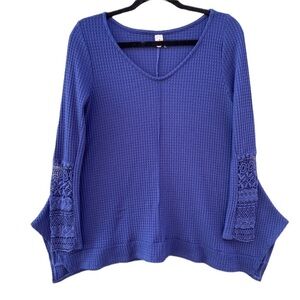 Lazy Sundays Blue Lace Waffle Scoop Neck Knit Trapeze Sweater Sz S